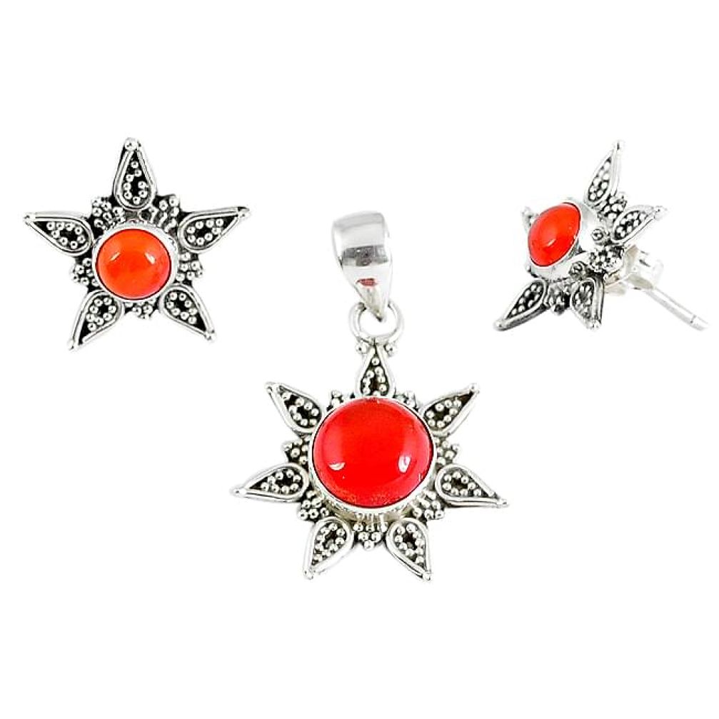 Natural orange carnelian 925 sterling silver pendant earrings set jewelry k36265