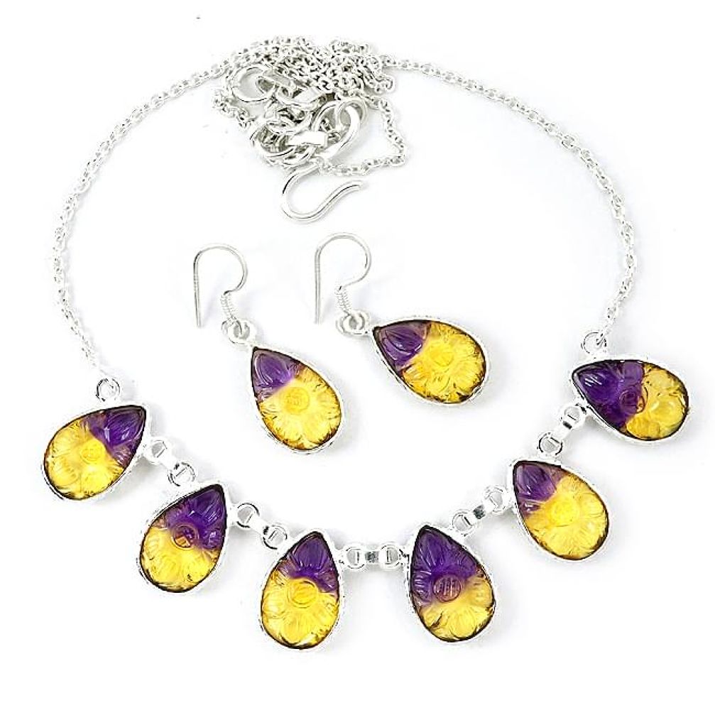 Multi color ametrine (lab) carved pear 925 silver necklace earrings set k49781