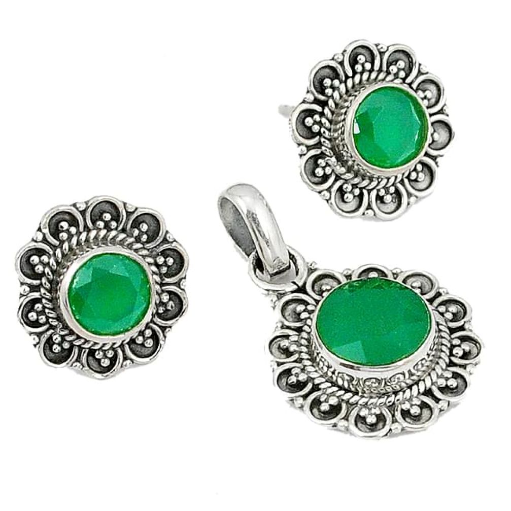 Natural green chalcedony 925 sterling silver pendant earrings set k57043