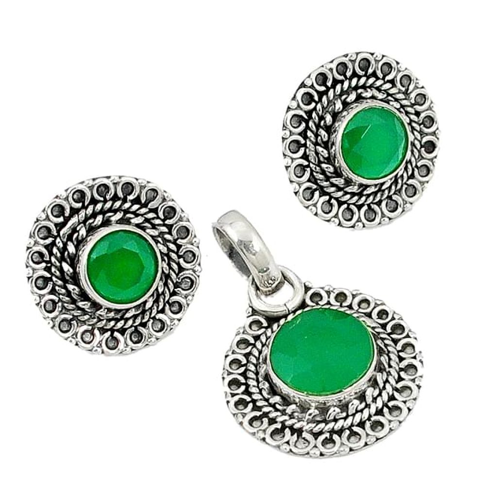 Natural green chalcedony 925 sterling silver pendant earrings set k57045