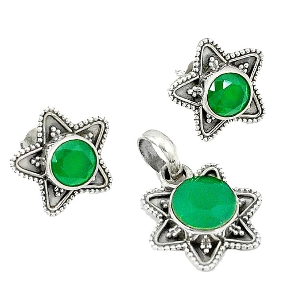 Natural green chalcedony 925 sterling silver pendant earrings set k57048