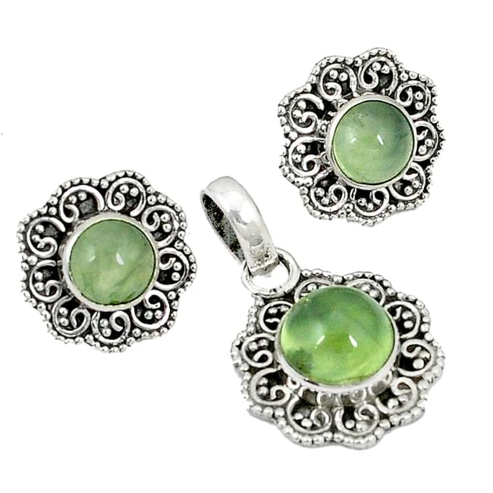 925 sterling silver natural green prehnite pendant earrings set k57053