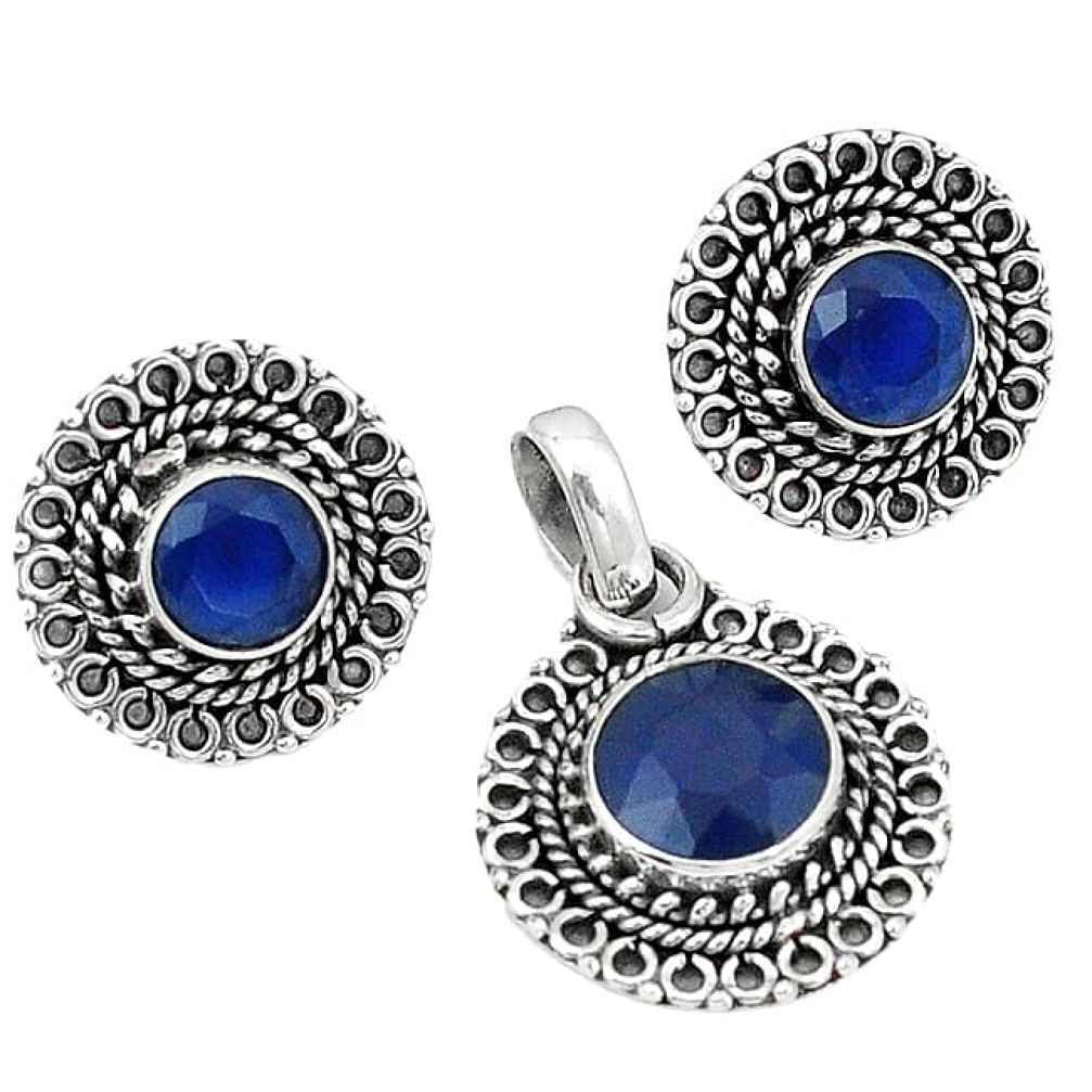 Blue sapphire quartz 925 sterling silver pendant earrings set k57054