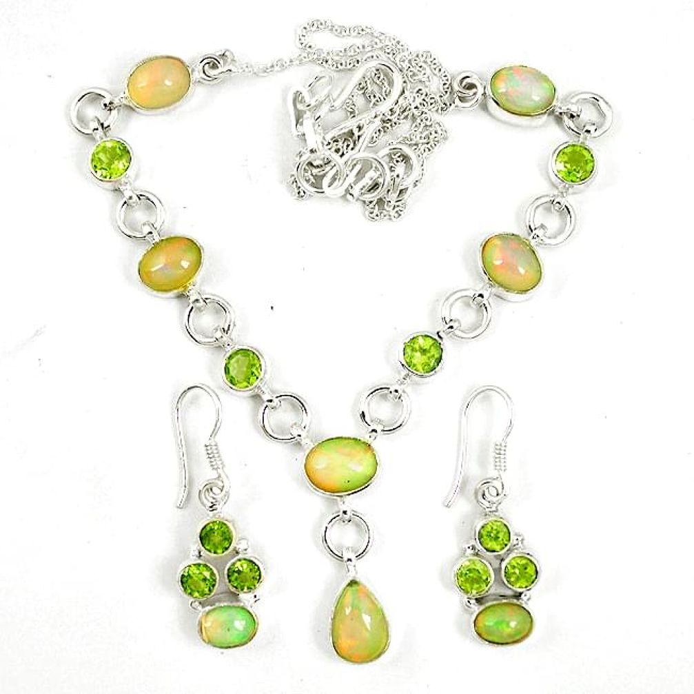 Natural multi color ethiopian opal 925 silver earrings necklace set k75498