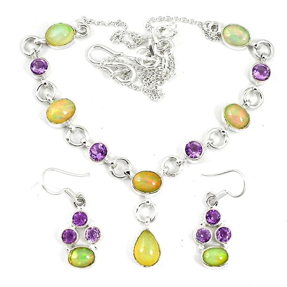 925 silver natural multi color ethiopian opal earrings necklace set k75499