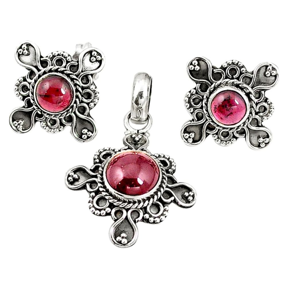 Natural red garnet round shape 925 silver pendant earrings set jewelry m17586