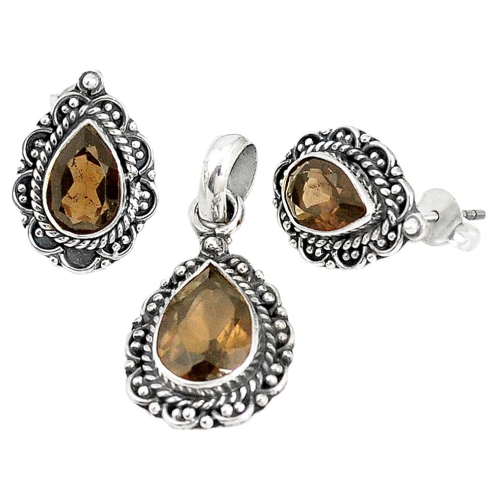 Brown smoky topaz 925 sterling silver pendant earrings set jewelry m17607