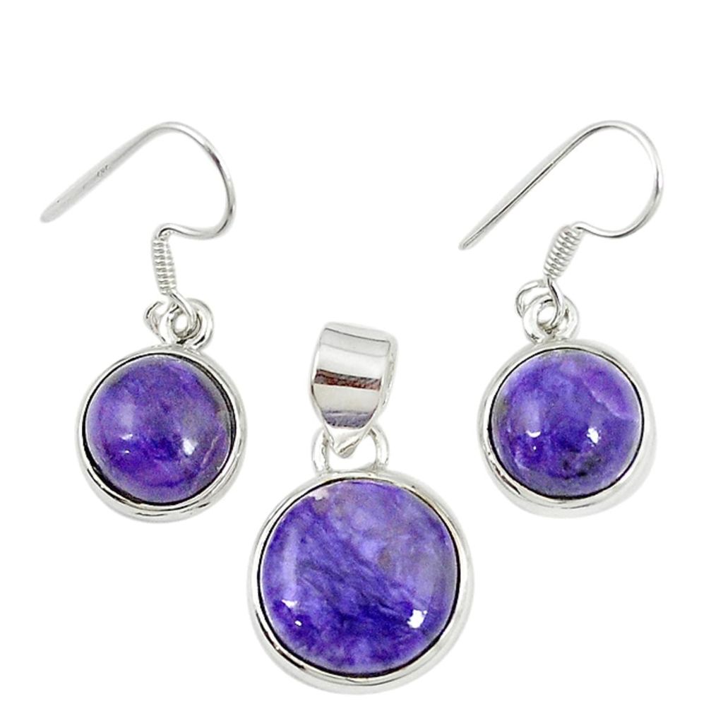 925 silver natural purple charoite (siberian) pendant earrings set m19672