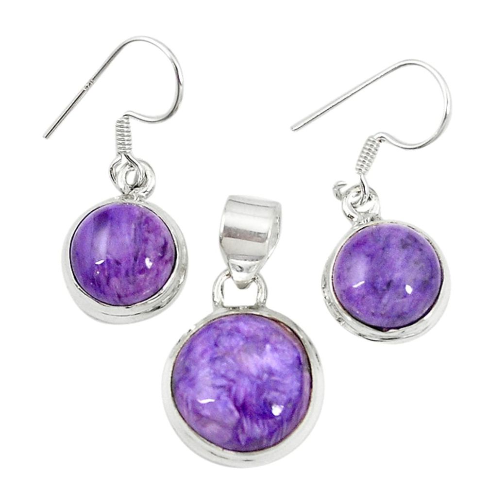 925 silver natural purple charoite (siberian) pendant earrings set m19679