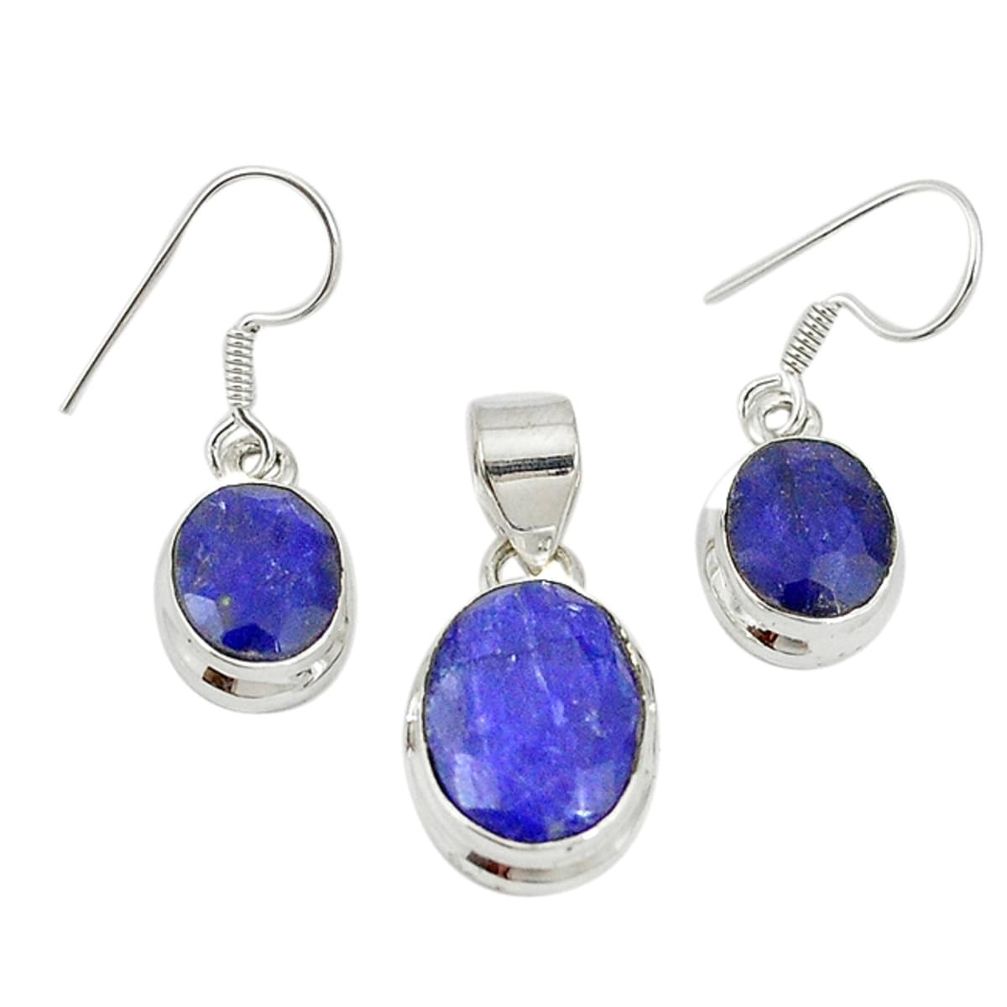 Natural blue sapphire 925 sterling silver pendant earrings set m19699