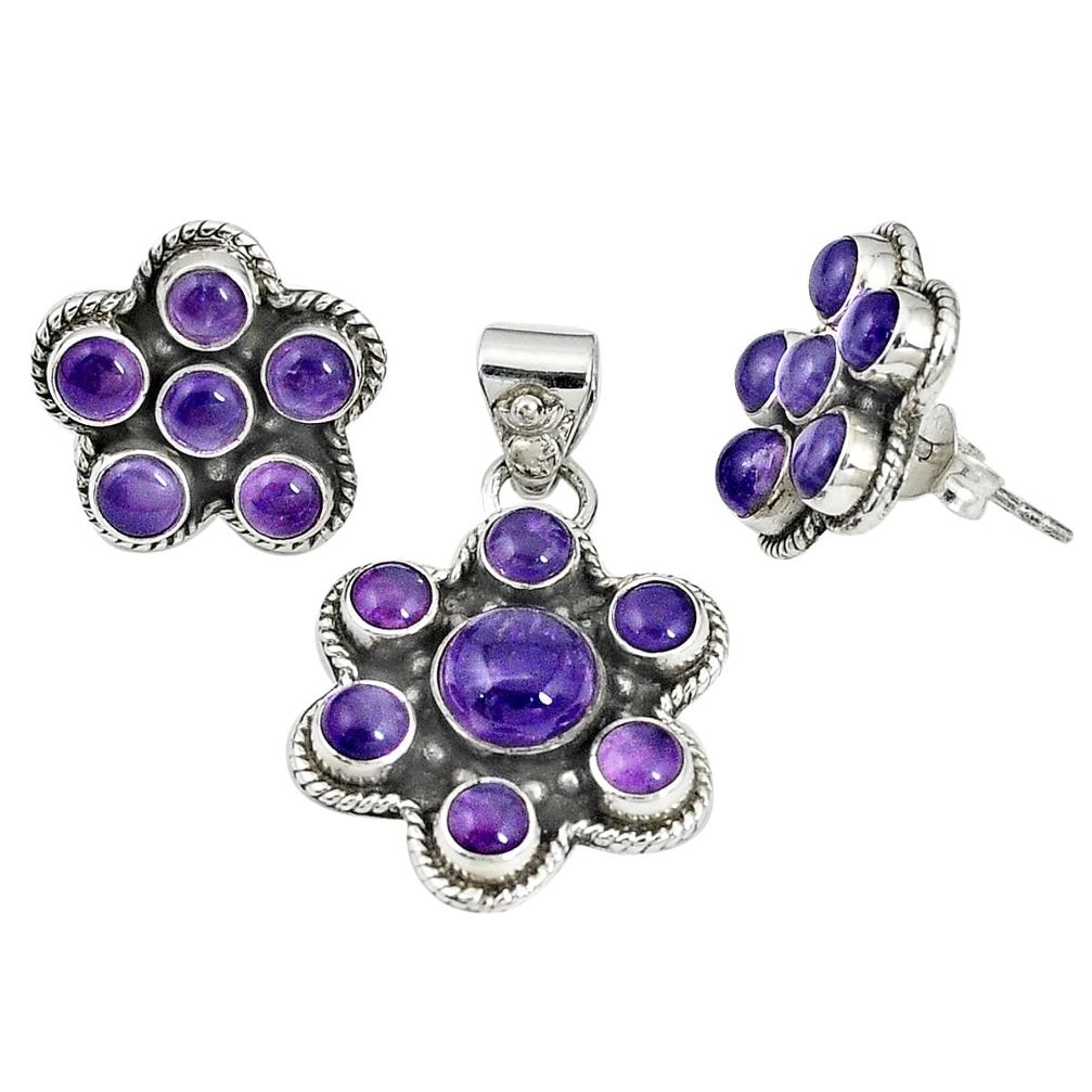 925 sterling silver natural purple amethyst round pendant earrings set m24272