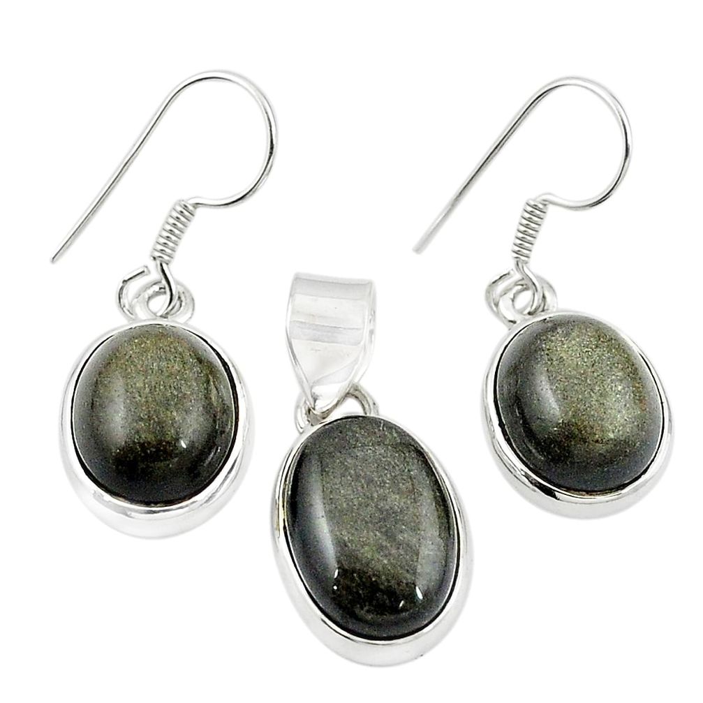 Natural golden sheen black obsidian 925 silver pendant earrings set m25458