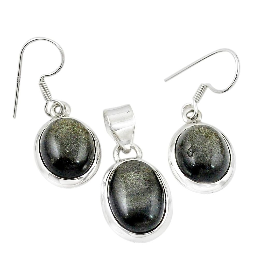 Natural golden sheen black obsidian 925 silver pendant earrings set m25459