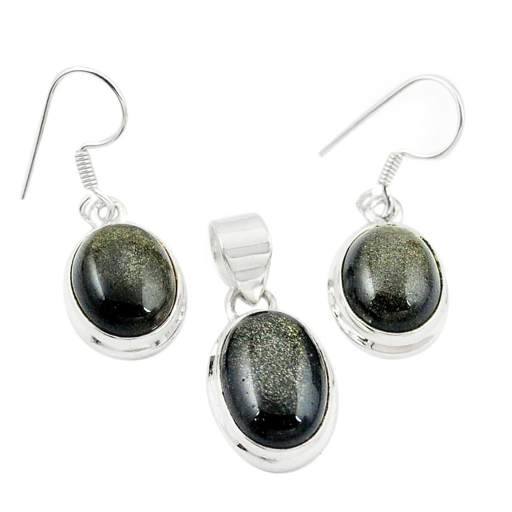 925 silver natural golden sheen black obsidian pendant earrings set m25460