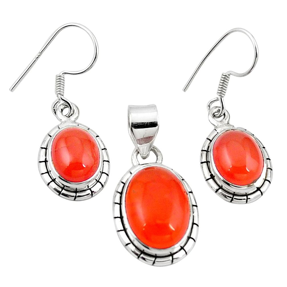 Natural orange cornelian (carnelian) 925 silver pendant earrings set m25467