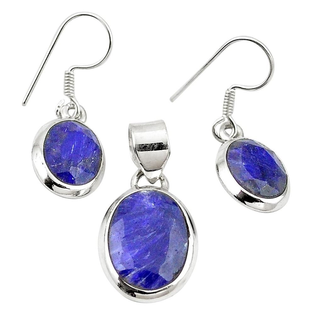 Natural blue sapphire 925 sterling silver pendant earrings set m25480