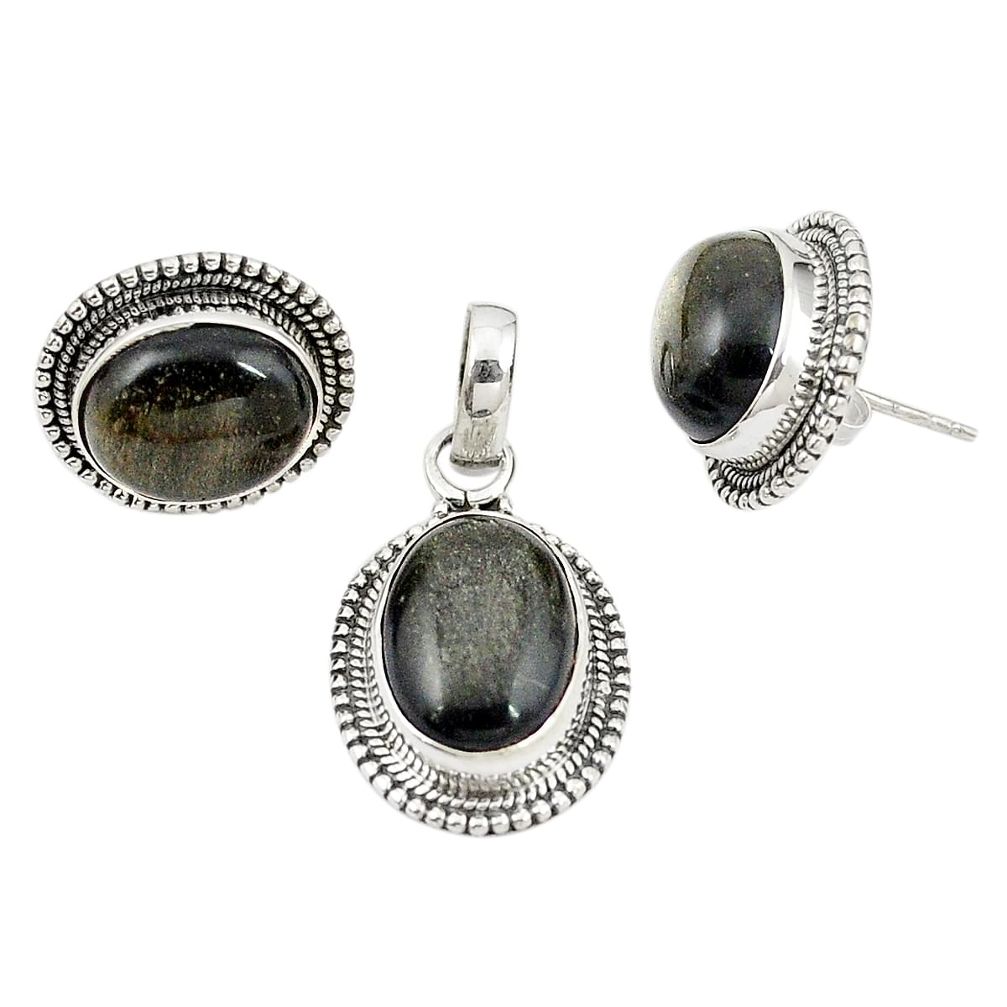Natural golden sheen black obsidian 925 silver pendant earrings set m25493