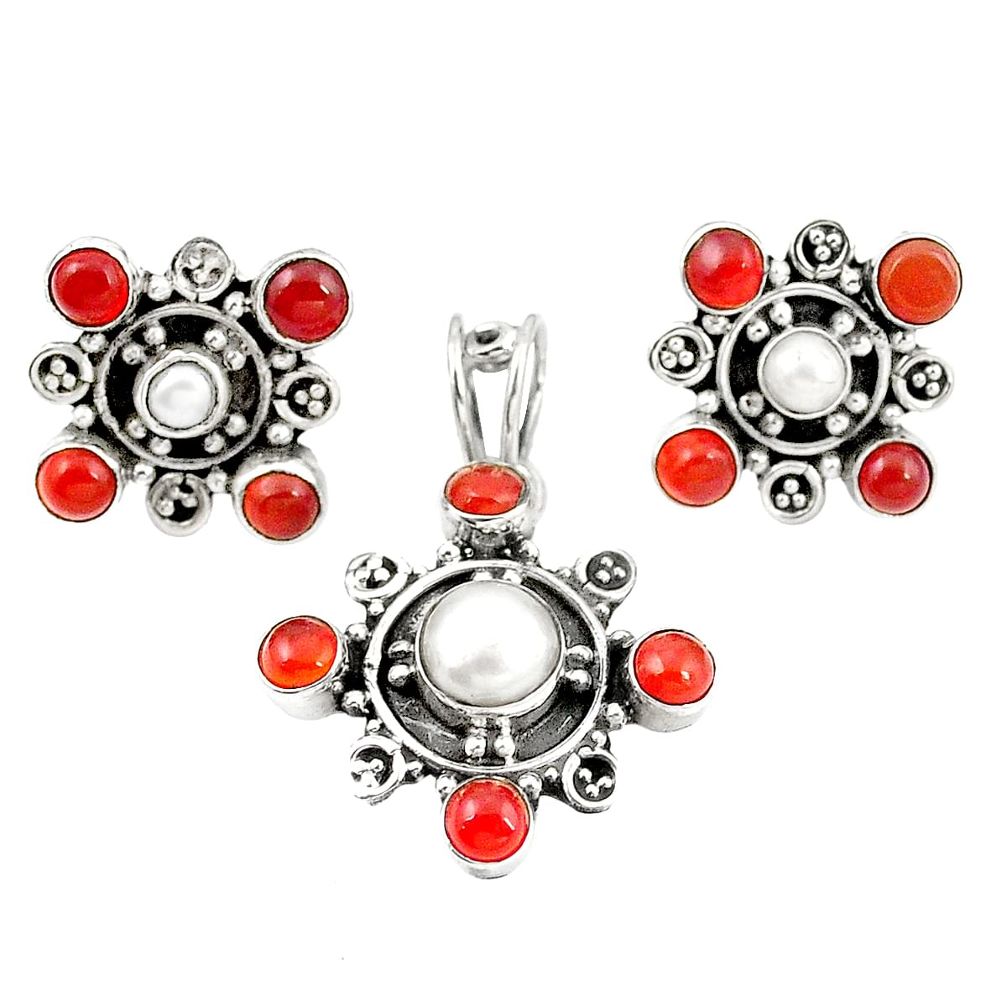 Natural white pearl cornelian (carnelian) 925 silver pendant earrings set m25504