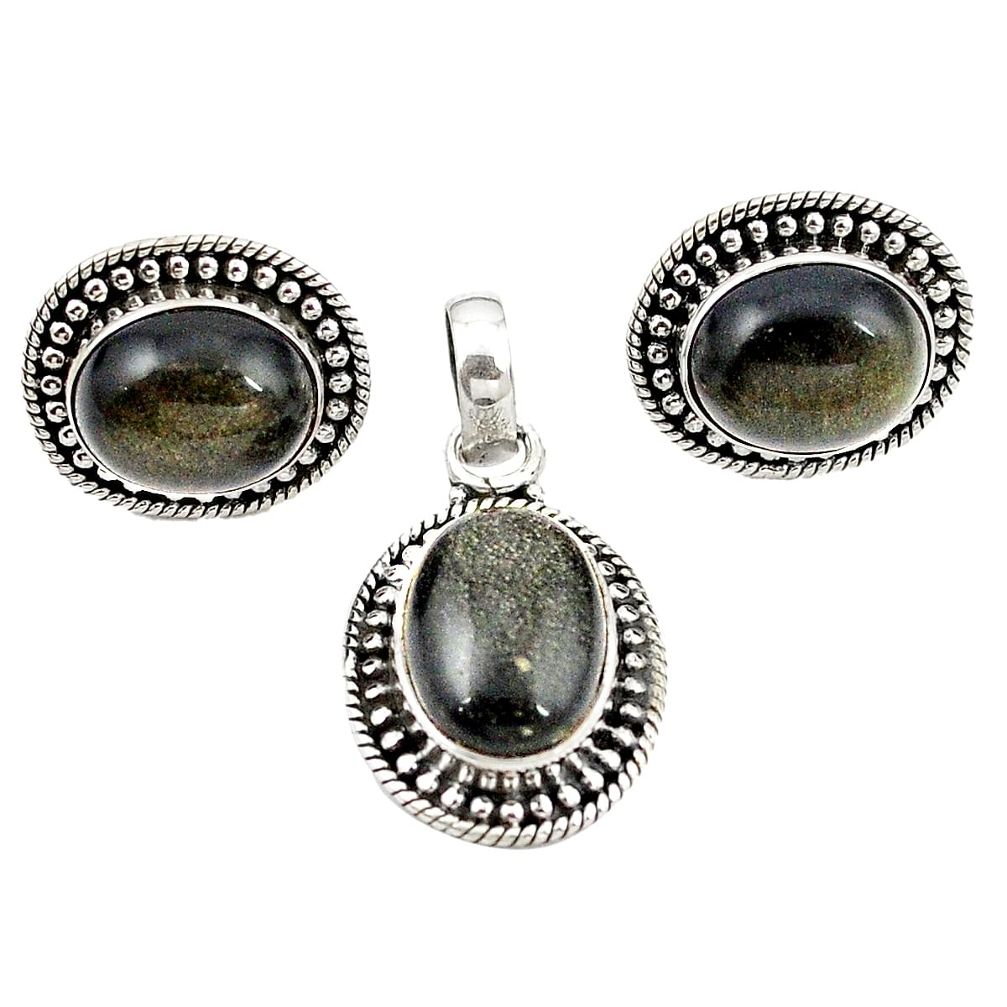 Natural golden sheen black obsidian 925 silver pendant earrings set m25505