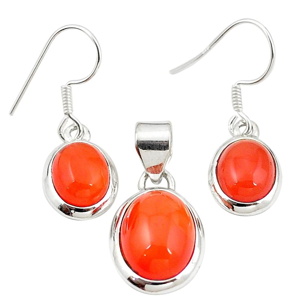 Natural orange cornelian (carnelian) 925 silver pendant earrings set m25517