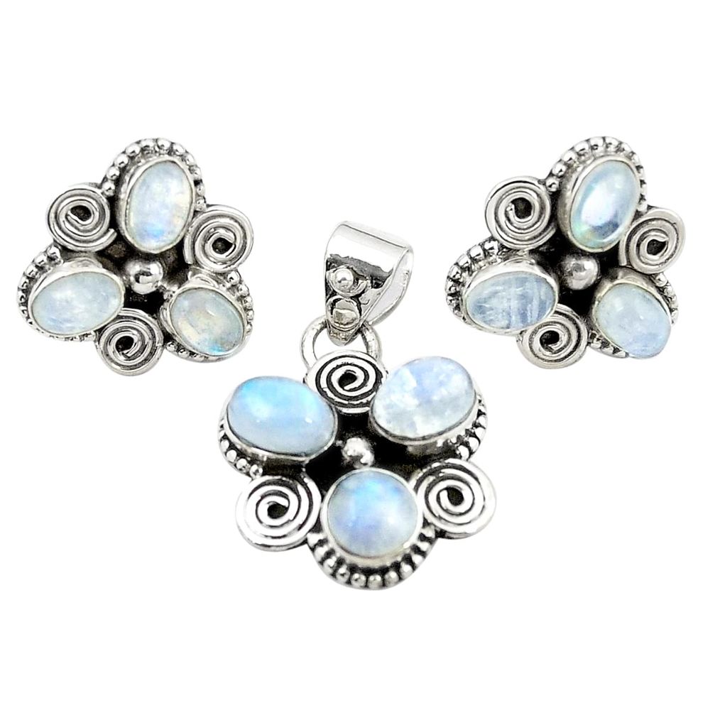 Natural rainbow moonstone 925 sterling silver pendant earrings set m25537