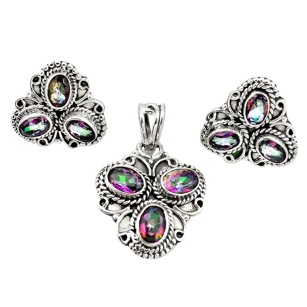 Multi color rainbow topaz 925 sterling silver pendant earrings set m25543