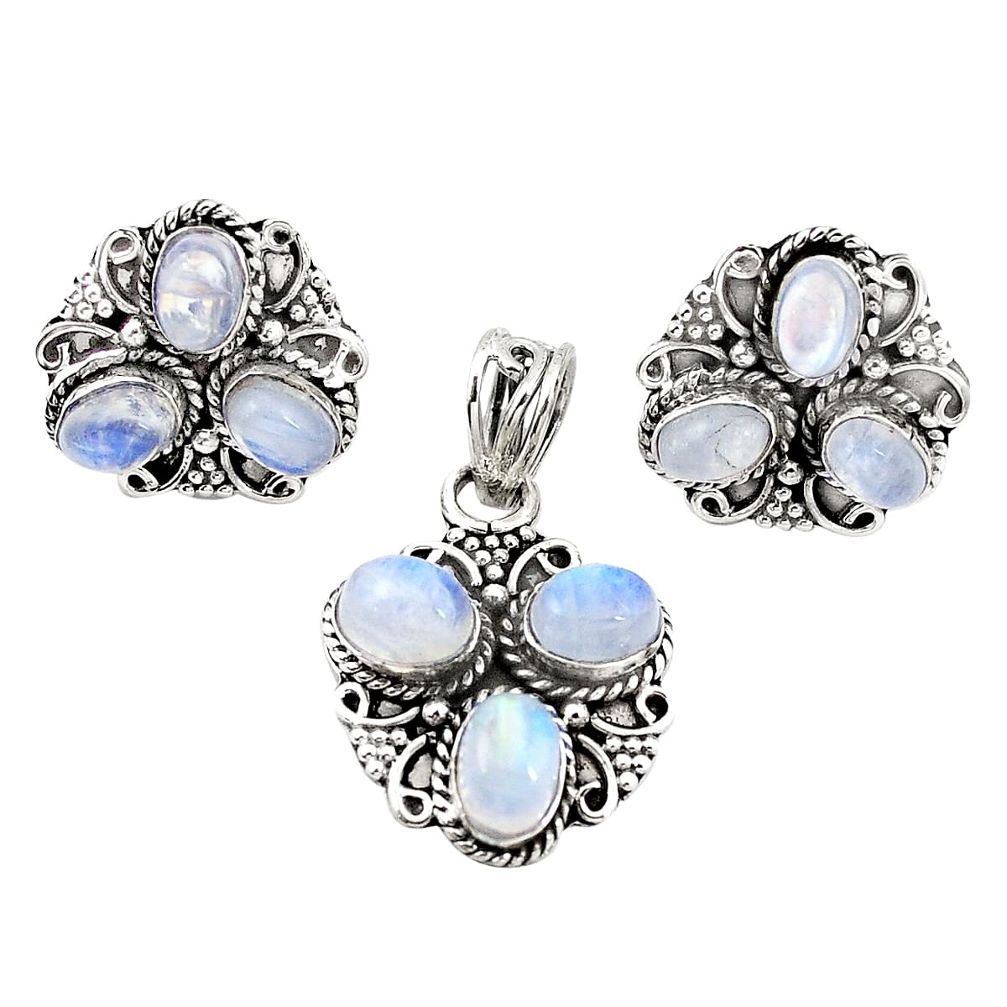 Natural rainbow moonstone 925 sterling silver pendant earrings set m25549