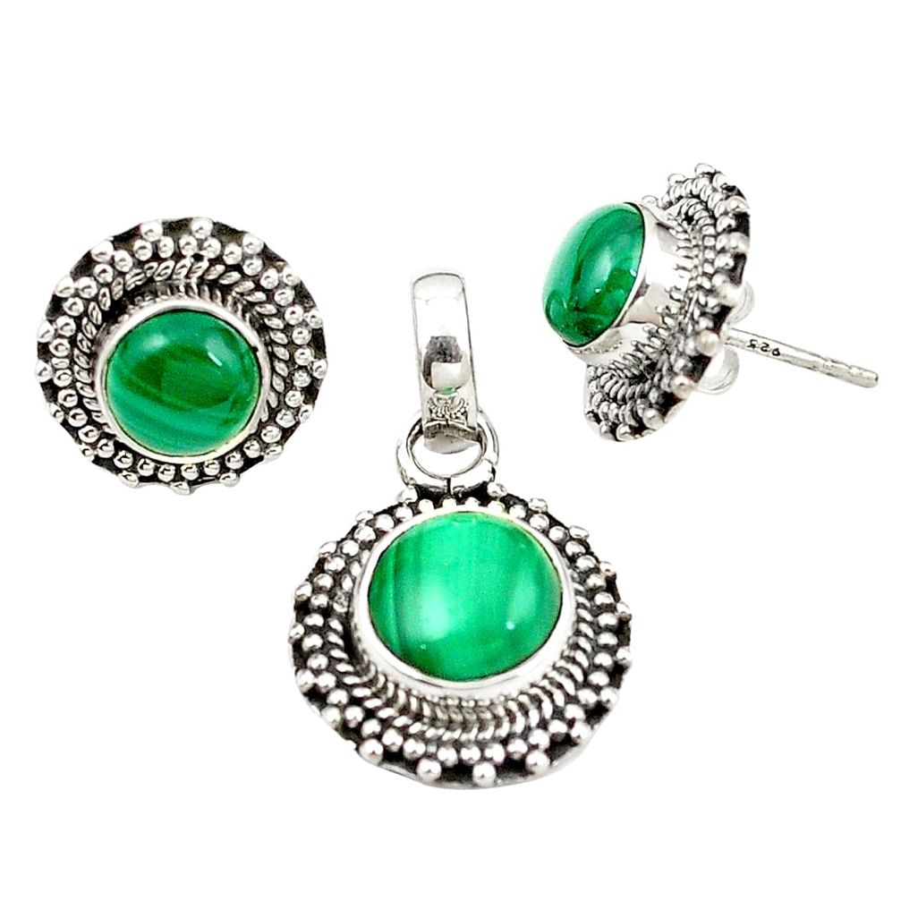 Natural green malachite (pilot's stone) 925 silver pendant earrings set m25596