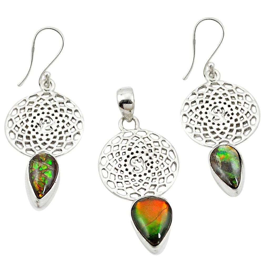 Natural multi color ammolite (canadian) 925 silver pendant earrings set m25601
