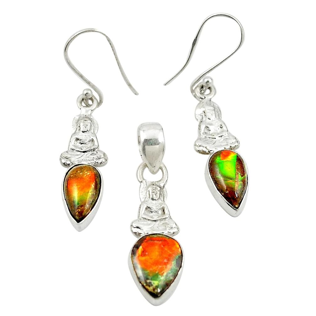 Natural multi color ammolite (canadian) 925 silver pendant earrings set m25602