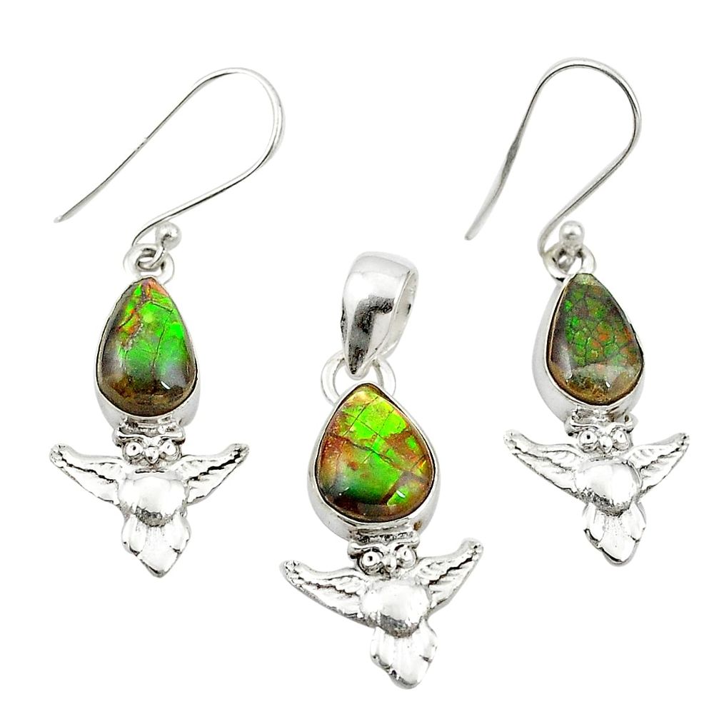 Natural multi color ammolite (canadian) 925 silver pendant earrings set m25610