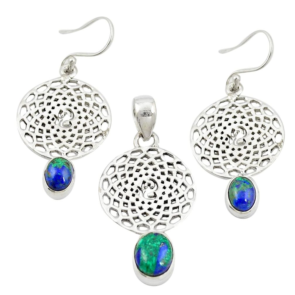 Natural green azurite malachite 925 silver pendant earrings set m25622