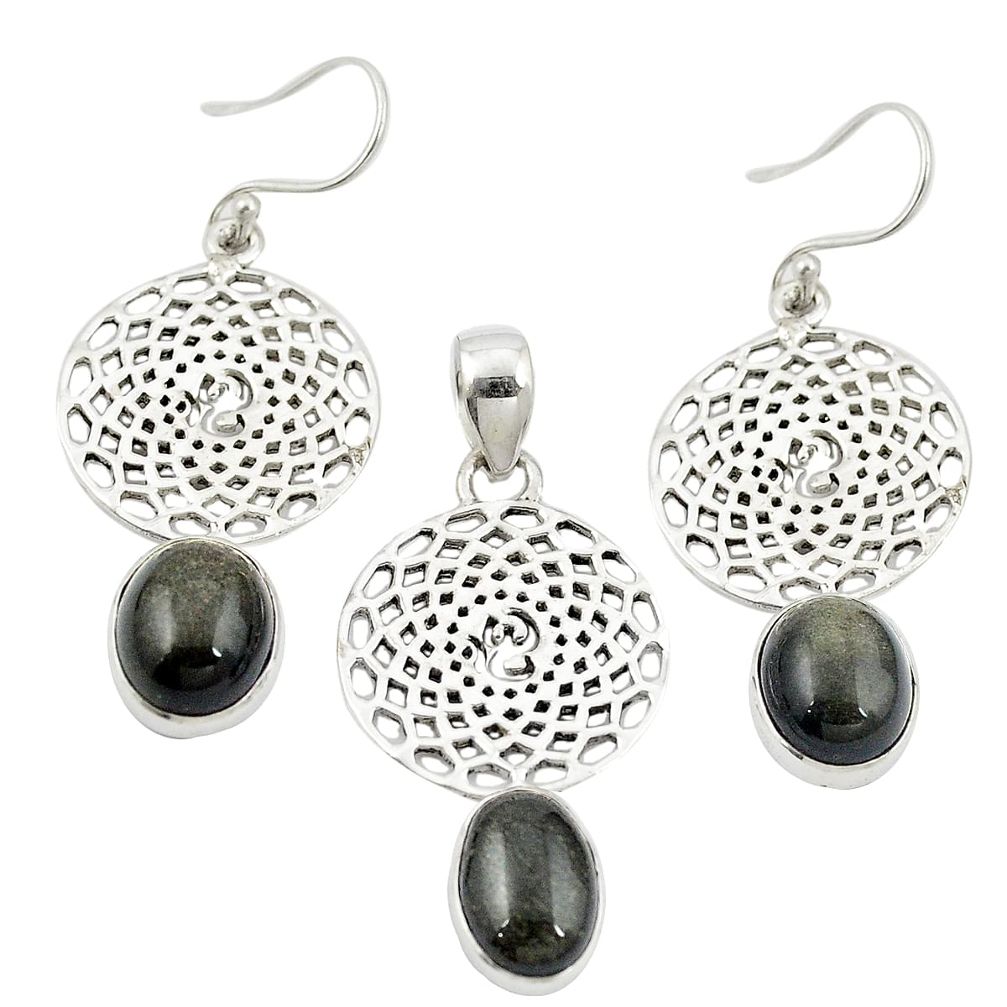 925 silver natural golden sheen black obsidian pendant earrings set m25656
