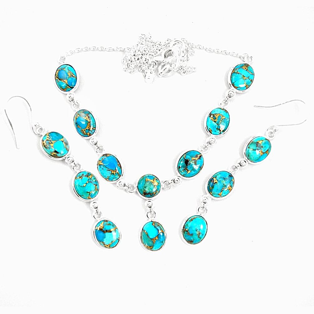 Blue copper turquoise 925 sterling silver earrings necklace set m38108