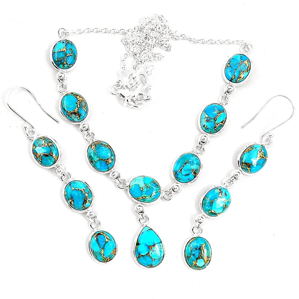 Blue copper turquoise 925 sterling silver earrings necklace set m38109