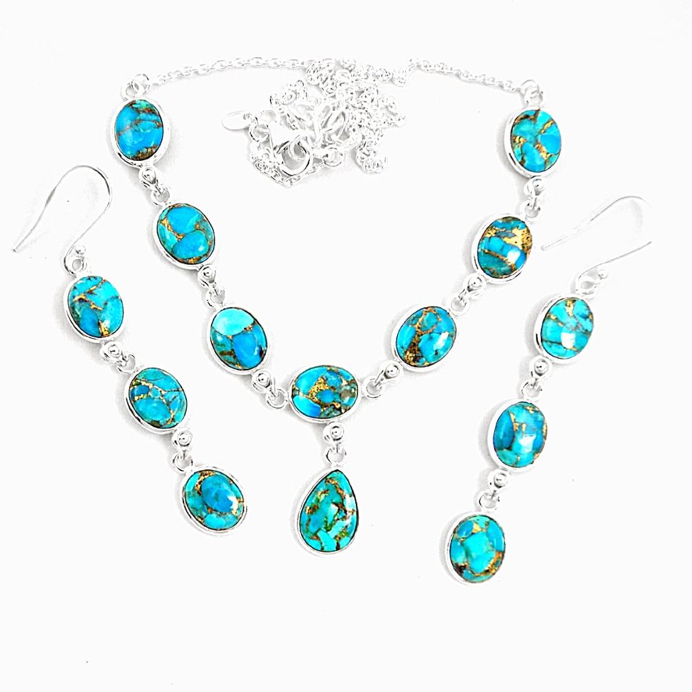 Blue copper turquoise 925 sterling silver earrings necklace set m38110