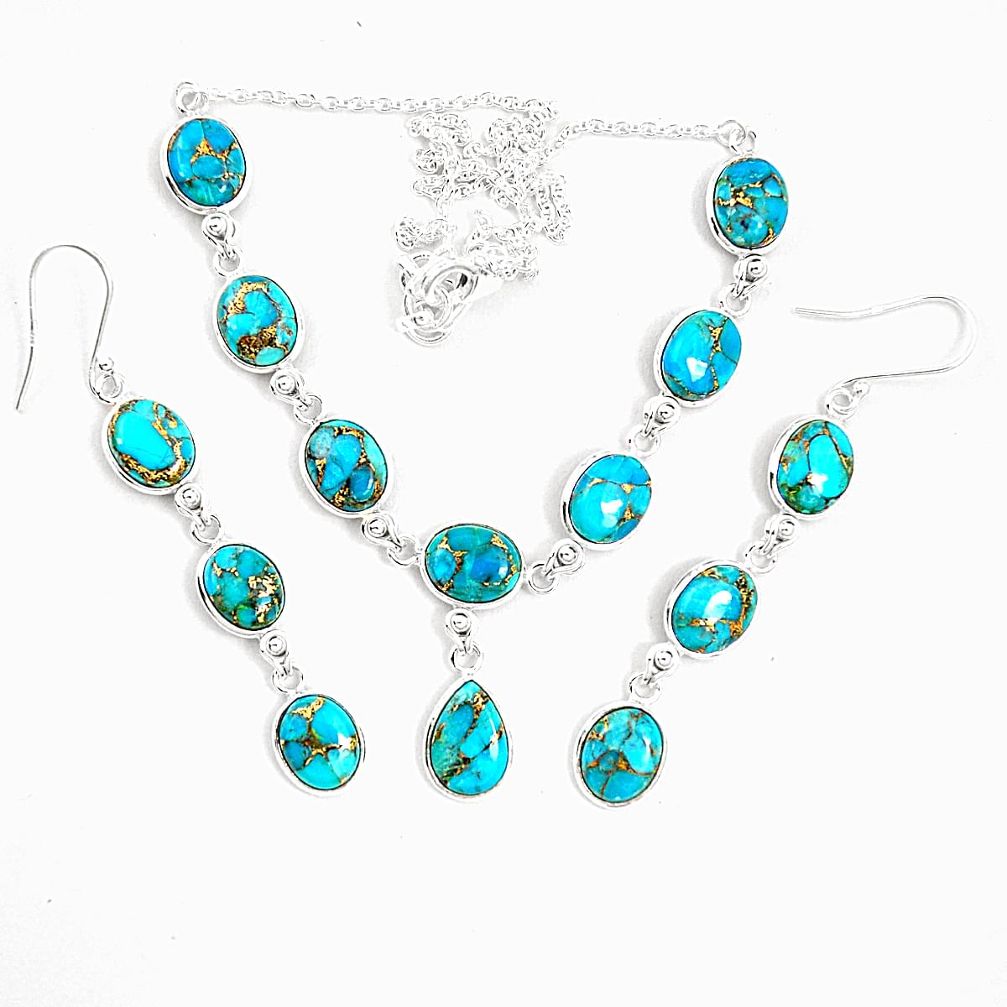 Blue copper turquoise 925 sterling silver earrings necklace set m38113