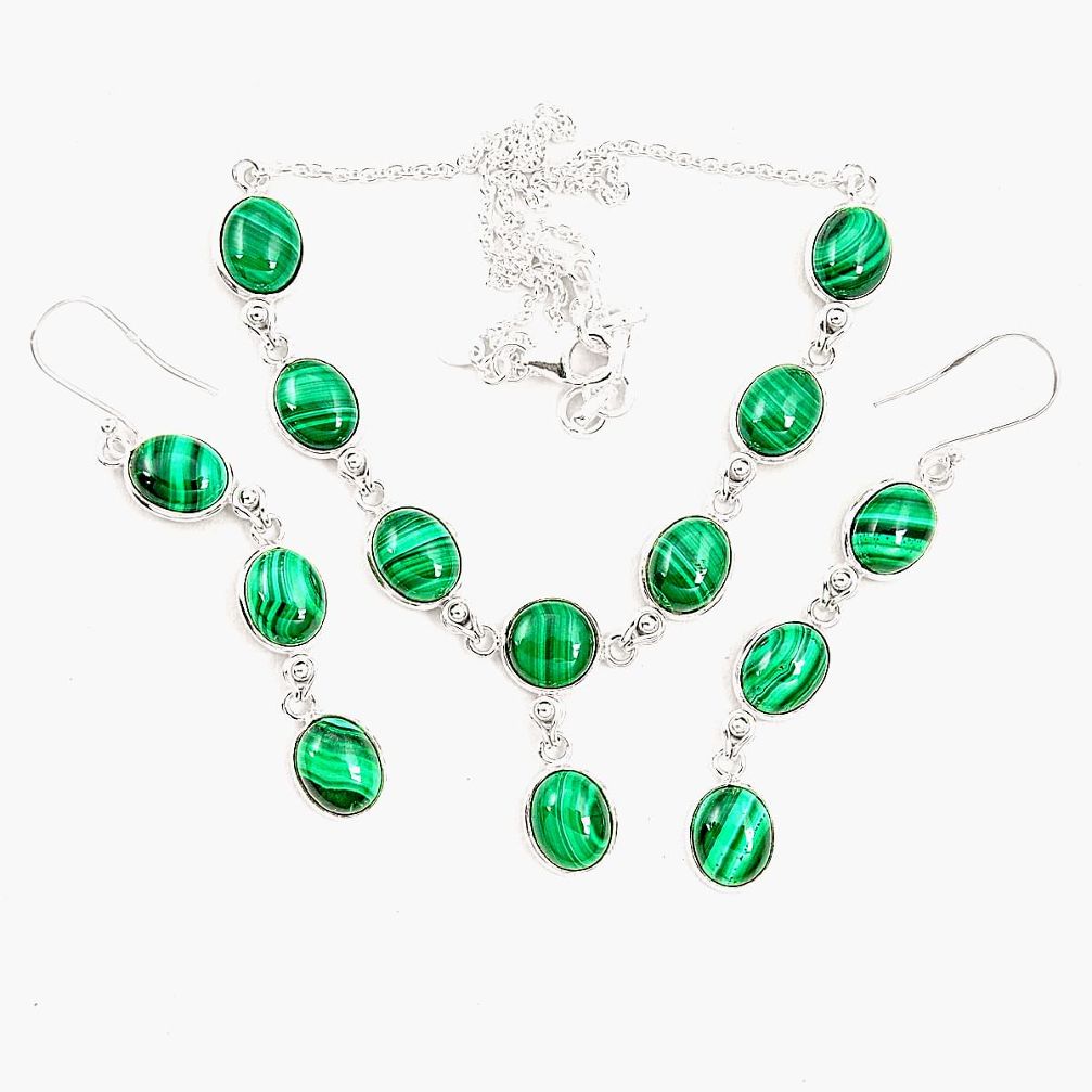 Natural green malachite (pilot's stone) 925 silver earrings necklace set m38116