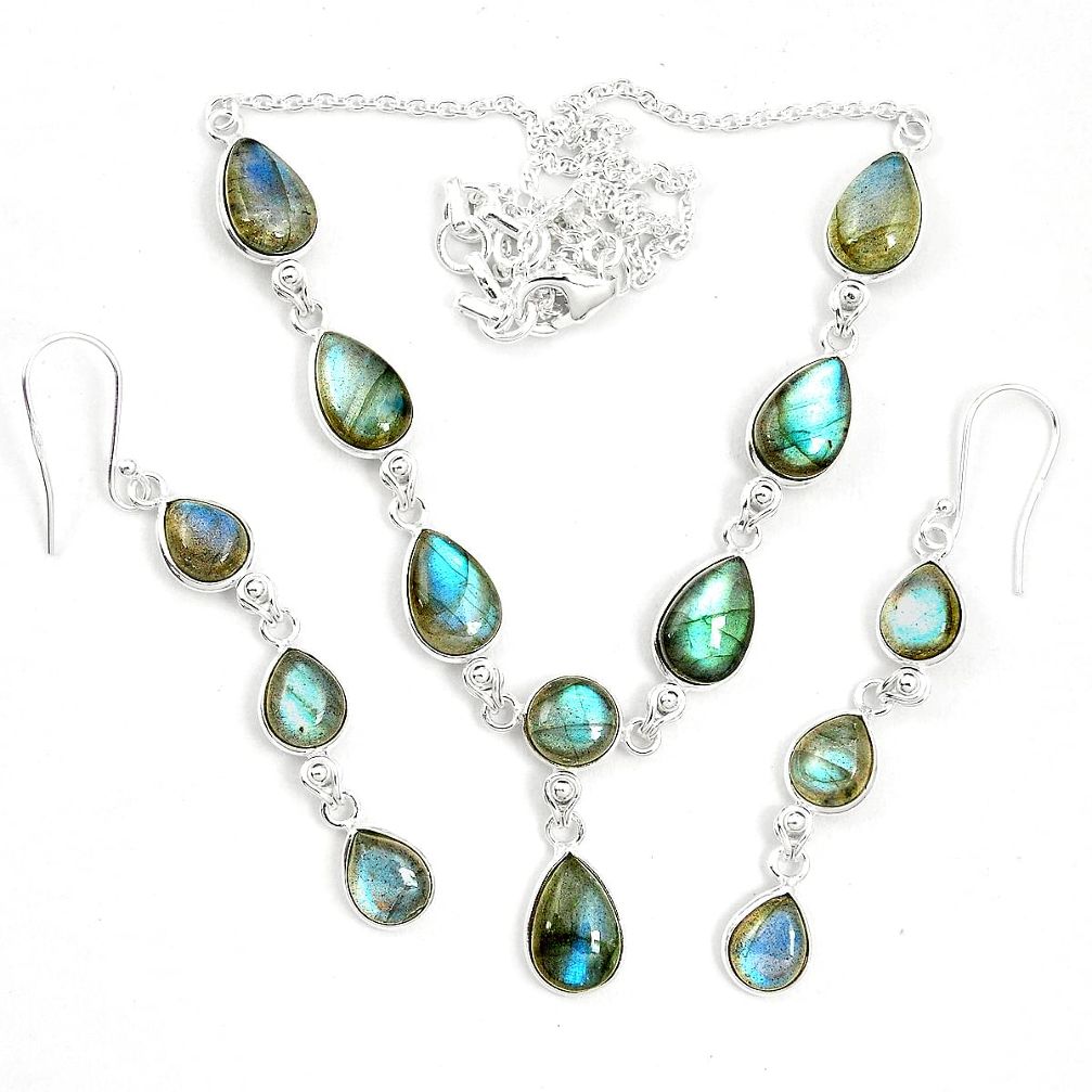 925 sterling silver natural blue labradorite earrings necklace set m38139