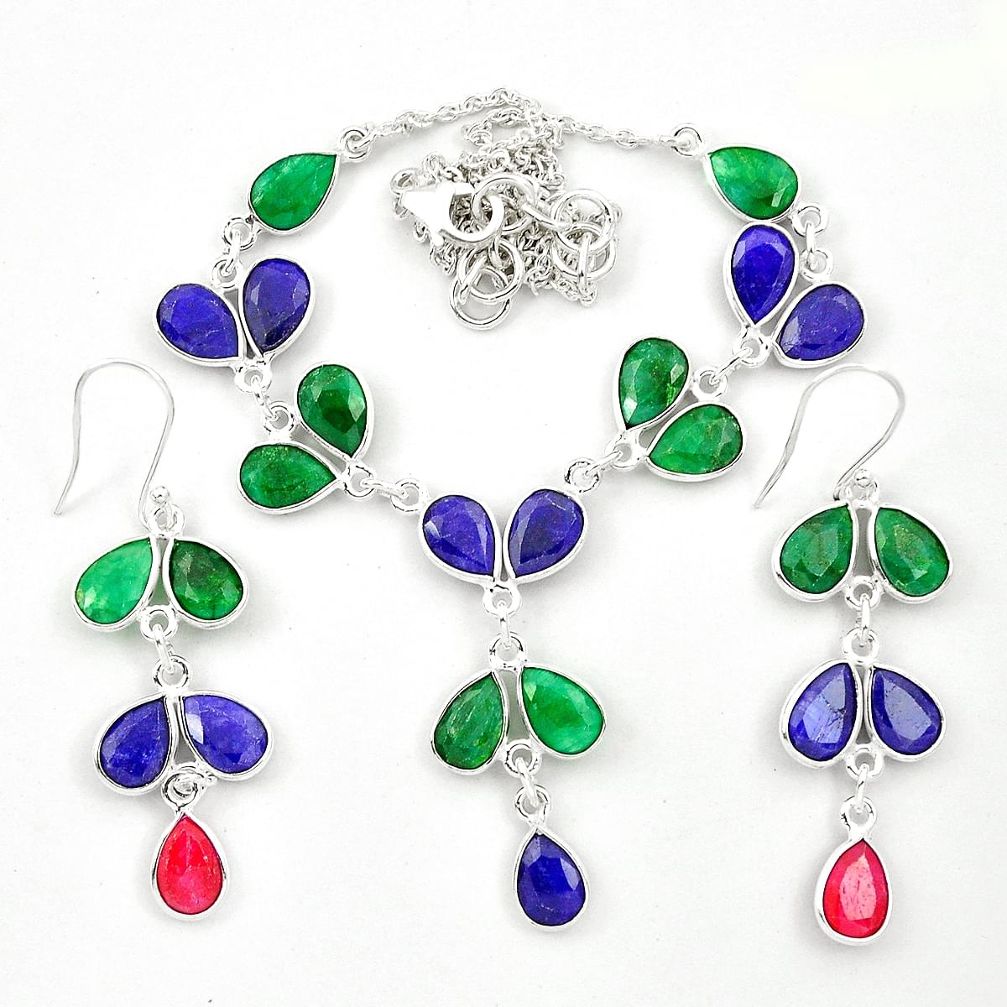 Natural red ruby emerald sapphire 925 silver earrings necklace set m44088