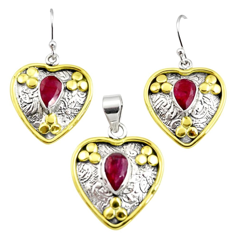 5.62cts victorian natural red ruby silver two tone pendant earrings set r12423