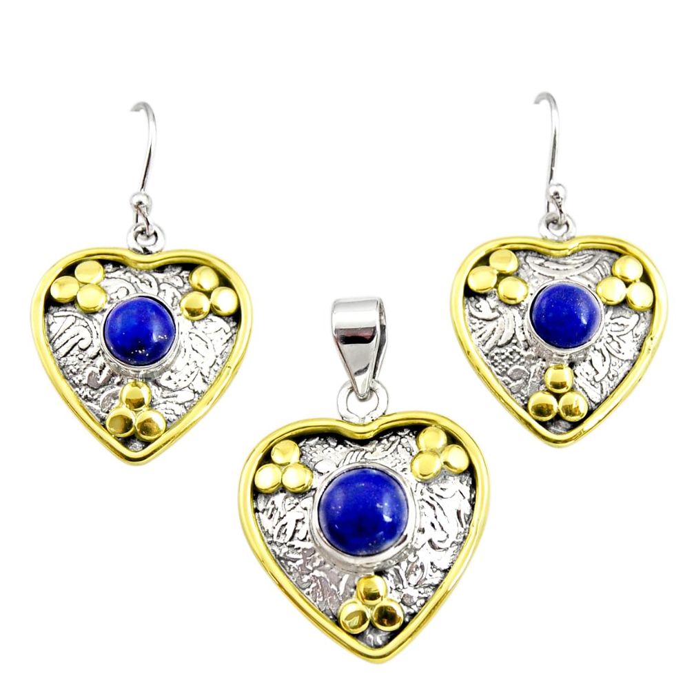 925 silver victorian natural lapis lazuli two tone pendant earrings set r12429