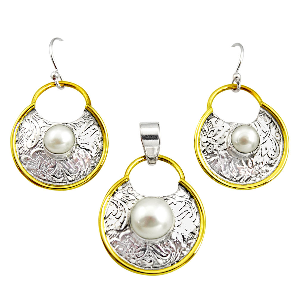 5.35cts victorian natural pearl 925 silver two tone pendant earrings set r12431