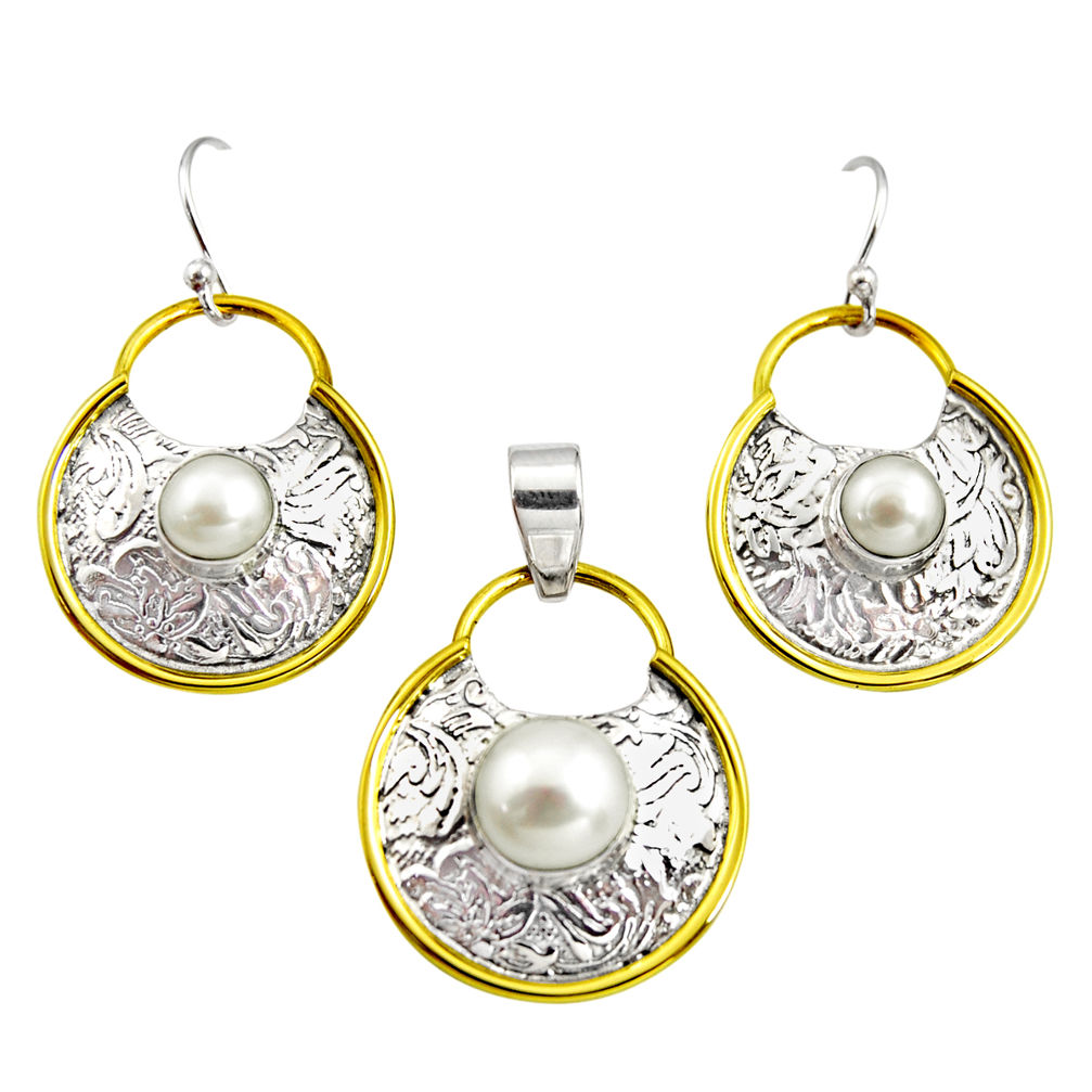 5.35cts victorian natural pearl 925 silver two tone pendant earrings set r12432