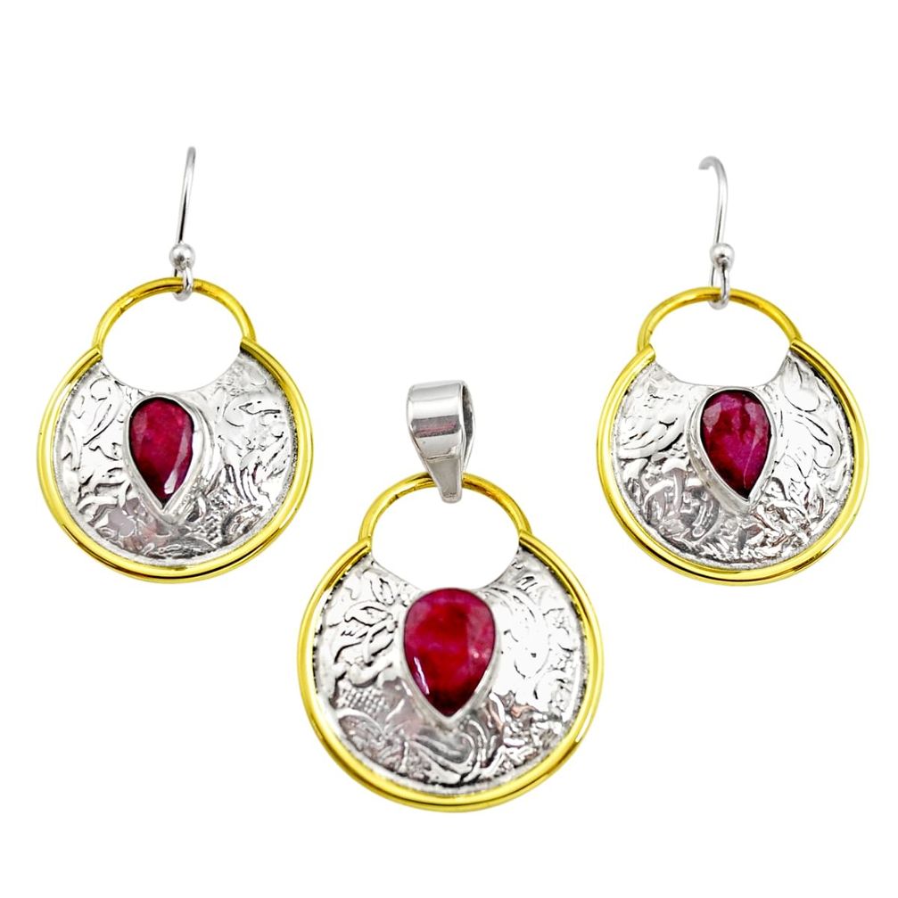 925 silver 5.38cts victorian natural ruby two tone pendant earrings set r12434