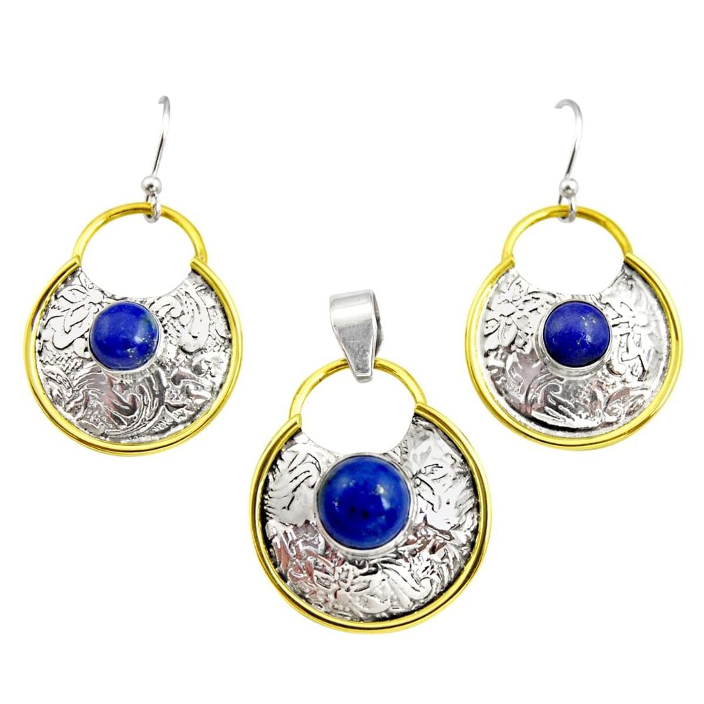 Victorian natural lapis lazuli 925 silver two tone pendant earrings set r12435