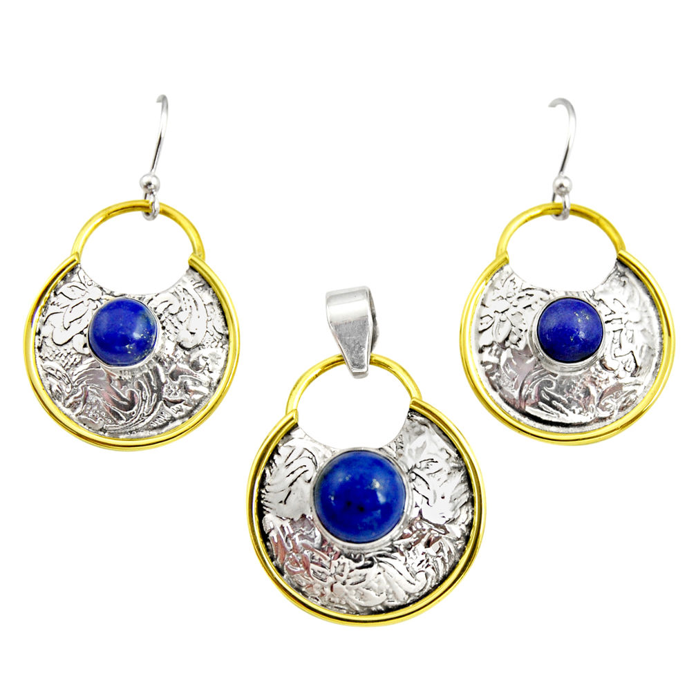 Victorian natural lapis lazuli 925 silver two tone pendant earrings set r12436