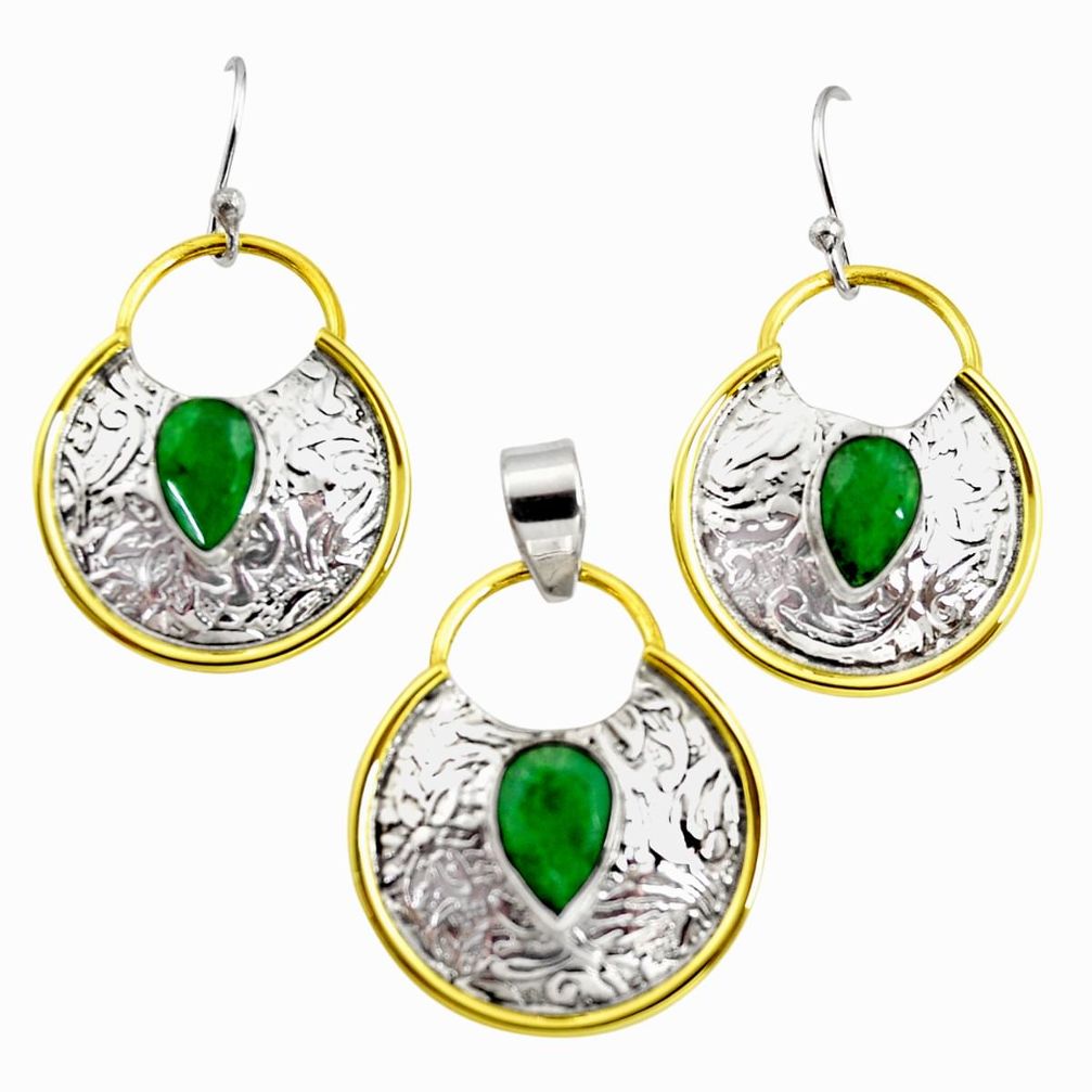 Victorian natural green emerald 925 silver two tone pendant earrings set r12437