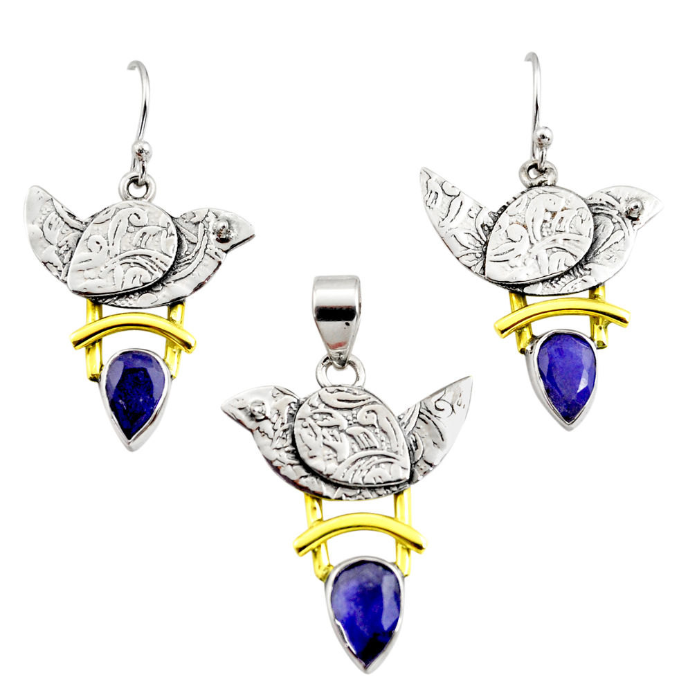 Victorian natural blue sapphire 925 silver two tone pendant earrings set r12442