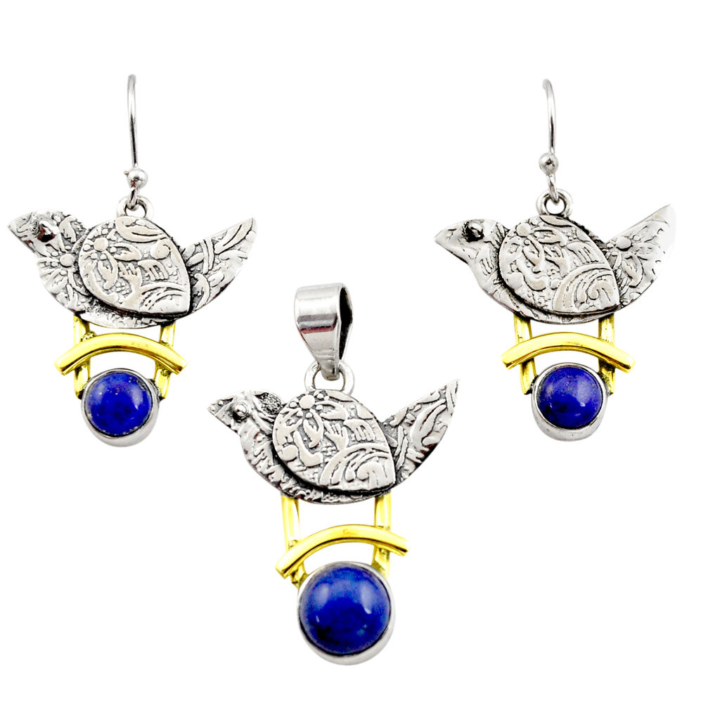 Victorian natural lapis lazuli 925 silver two tone pendant earrings set r12445